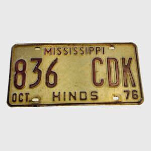 Old Antique Vintage Mississippi License Plate Car Tag 1976 Hinds County Mancave